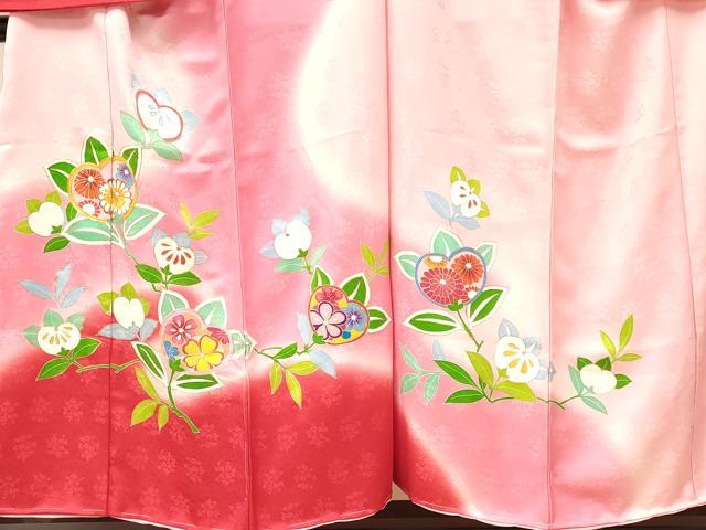 平和屋着物[]子供　女の子　駒刺繍　橘　草花文　暈し染め　金彩　仮絵羽　逸品　未使用　DABA3837ma