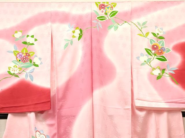 平和屋着物[]子供　女の子　駒刺繍　橘　草花文　暈し染め　金彩　仮絵羽　逸品　未使用　DABA3837ma