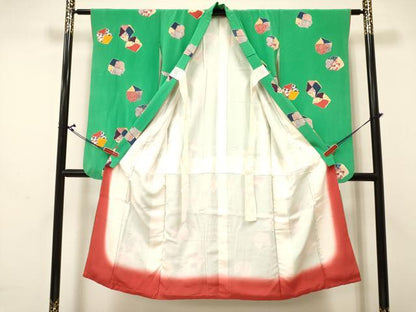 平和屋着物[]七五三 女の子 ７歳 祝着 四つ身 襦袢(無双仕立て・半衿刺繍)セット 型染 切嵌文様 逸品 DABA3841ma