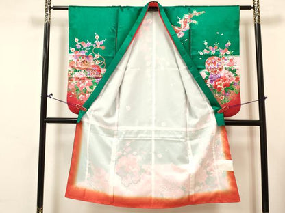 平和屋着物[]七五三　女の子　７歳　祝着　四つ身　長襦袢(単衣)セット　舞蝶鞠花車文　暈し染め　金彩　洗える着物　未使用　DABA3851ma
