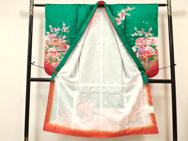 平和屋着物[]七五三　女の子　７歳　祝着　四つ身　長襦袢(単衣)セット　舞蝶鞠花車文　暈し染め　金彩　洗える着物　未使用　DABA3851ma
