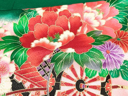 平和屋着物[]七五三　女の子　７歳　祝着　四つ身　長襦袢(単衣)セット　舞蝶鞠花車文　暈し染め　金彩　洗える着物　未使用　DABA3851ma