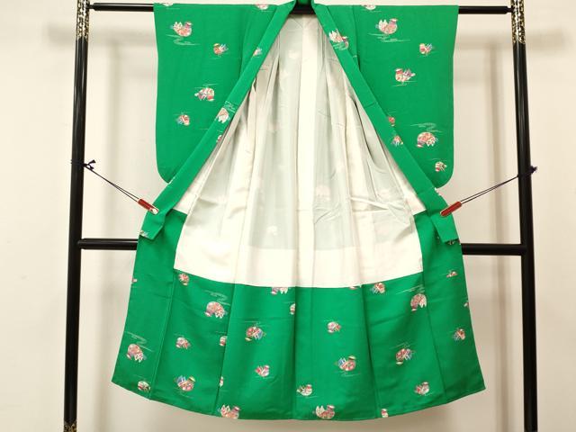 平和屋着物[]七五三　女の子　７歳　祝着　四つ身　襦袢(無双仕立て・半衿刺繍)セット　流水鴛鴦花文　逸品　DABA3839ma