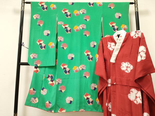 平和屋着物[]七五三　女の子　７歳　祝着　四つ身　襦袢(無双仕立て・半衿刺繍)セット　型染　切嵌文様　逸品　DABA3841ma