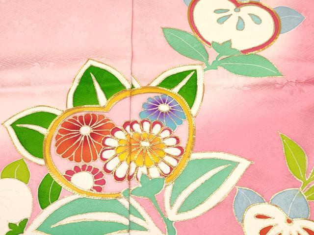平和屋着物[]子供　女の子　駒刺繍　橘　草花文　暈し染め　金彩　仮絵羽　逸品　未使用　DABA3837ma