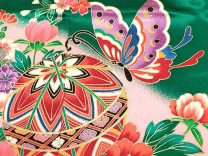 平和屋着物[]七五三　女の子　７歳　祝着　四つ身　長襦袢(単衣)セット　舞蝶鞠花車文　暈し染め　金彩　洗える着物　未使用　DABA3851ma