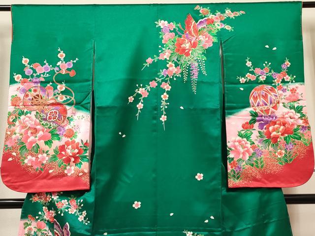 平和屋着物[]七五三　女の子　７歳　祝着　四つ身　長襦袢(単衣)セット　舞蝶鞠花車文　暈し染め　金彩　洗える着物　未使用　DABA3851ma
