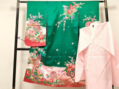 平和屋着物[]七五三　女の子　７歳　祝着　四つ身　長襦袢(単衣)セット　舞蝶鞠花車文　暈し染め　金彩　洗える着物　未使用　DABA3851ma
