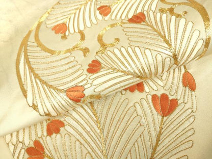 平和屋着物▼太鼓柄袋帯 駒刺繍 総刺繍 若松葉文 金糸 正絹 DABA4813az