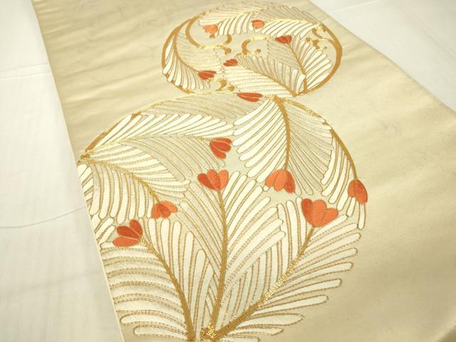 平和屋着物▼太鼓柄袋帯 駒刺繍 総刺繍 若松葉文 金糸 正絹 DABA4813az