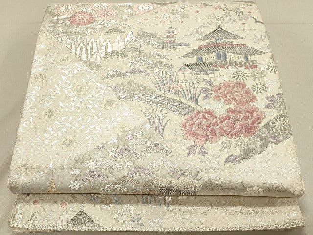 平和屋着物◎六通柄袋帯　風景花文　銀糸　正絹　逸品　DABA2482ya