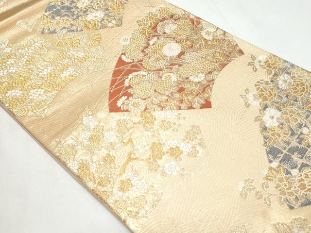 平和屋着物◎六通柄袋帯　立波地紙草花文　金糸　正絹　逸品　CABC8835fb