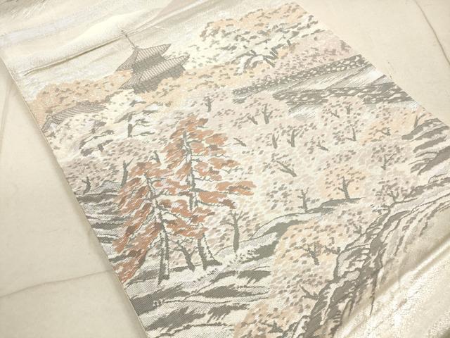 平和屋着物◎六通柄袋帯　風景文　プラチナ二重箔　正絹　逸品　DABB8245xg