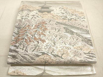 平和屋着物◎六通柄袋帯　風景文　プラチナ二重箔　正絹　逸品　DABB8245xg