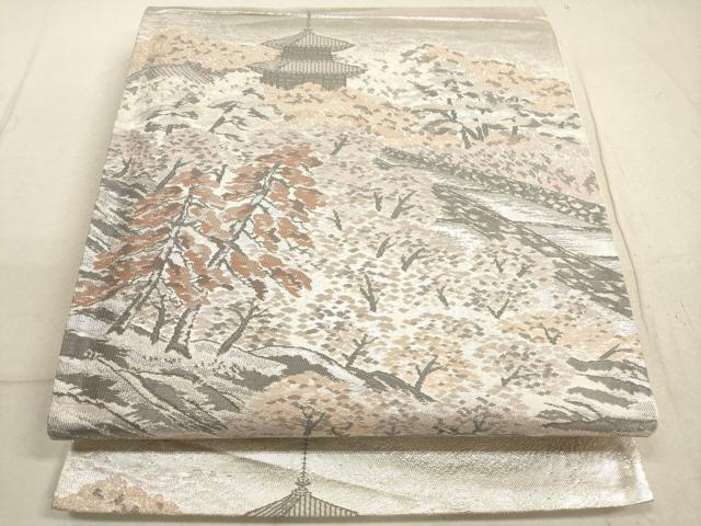 平和屋着物◎六通柄袋帯　風景文　プラチナ二重箔　正絹　逸品　DABB8245xg
