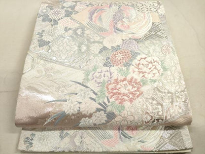 平和屋着物◎六通柄袋帯　唐織　扇面花鳥文　九百錦プラチナ箔　正絹　逸品　DABB8254xg