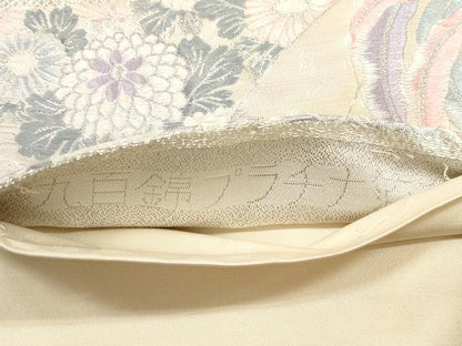 平和屋着物◎六通柄袋帯　唐織　扇面花鳥文　九百錦プラチナ箔　正絹　逸品　DABB8254xg