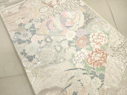 平和屋着物◎六通柄袋帯　唐織　扇面花鳥文　九百錦プラチナ箔　正絹　逸品　DABB8254xg