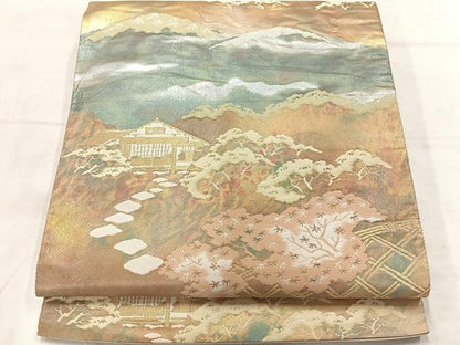 平和屋着物◎西陣　服部織物謹製　六通柄袋帯　こはく錦　風景文　金銀糸　正絹　逸品　AABF6492uk