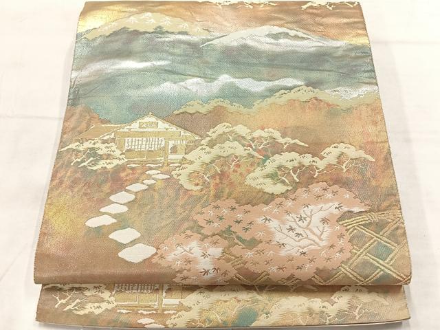 平和屋着物◎西陣　服部織物謹製　六通柄袋帯　こはく錦　風景文　金銀糸　正絹　逸品　AABF6492uk