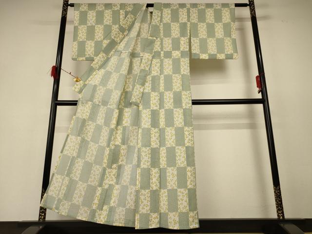 平和屋着物＊夏物 小紋 紗 市松花文 洗える着物 AABF6831jd