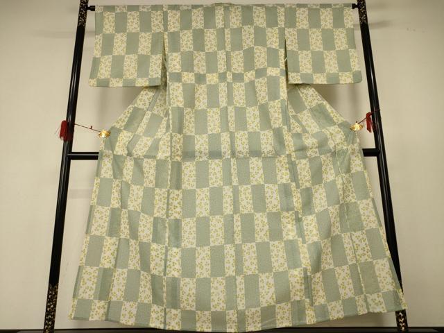 平和屋着物＊夏物 小紋 紗 市松花文 洗える着物 AABF6831jd