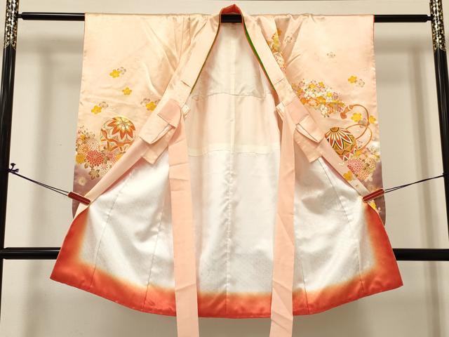 平和屋着物[]七五三　女の子　３歳　祝着　三つ身　長襦袢(無双仕立て・半衿刺繍)セット　駒刺繍　鞠花文　暈し染め　金彩　DABA3861ma