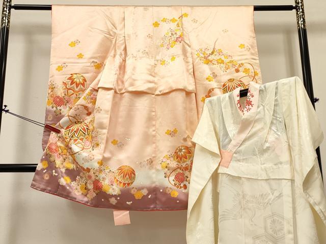 平和屋着物[]七五三　女の子　３歳　祝着　三つ身　長襦袢(無双仕立て・半衿刺繍)セット　駒刺繍　鞠花文　暈し染め　金彩　DABA3861ma