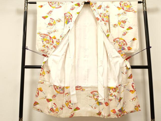 平和屋着物[]七五三　女の子　７歳　祝着　四つ身　袋帯セット　扇面花文　逸品　DABA3860ma