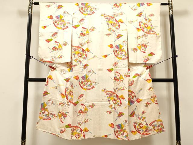 平和屋着物[]七五三 女の子 ７歳 祝着 四つ身 袋帯セット 扇面花文 逸品 DABA3860ma