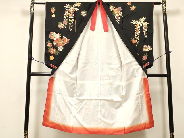 平和屋着物[]七五三　女の子　７歳　祝着　四つ身　西陣袋帯セット　駒刺繍　鴛鴦流水花文　黒地　金彩　証紙付き　逸品　DABA3859ma