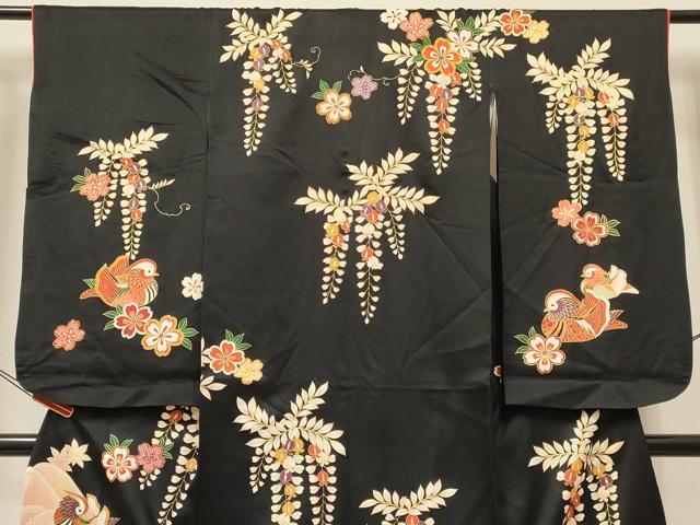 平和屋着物[]七五三　女の子　７歳　祝着　四つ身　西陣袋帯セット　駒刺繍　鴛鴦流水花文　黒地　金彩　証紙付き　逸品　DABA3859ma
