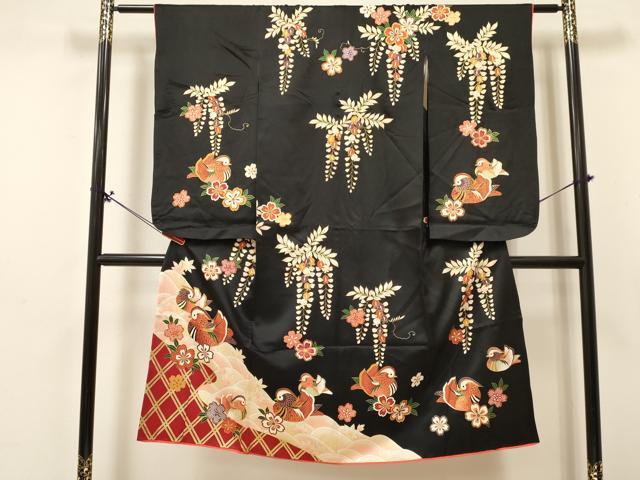 平和屋着物[]七五三　女の子　７歳　祝着　四つ身　西陣袋帯セット　駒刺繍　鴛鴦流水花文　黒地　金彩　証紙付き　逸品　DABA3859ma