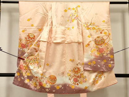 平和屋着物[]七五三　女の子　３歳　祝着　三つ身　長襦袢(無双仕立て・半衿刺繍)セット　駒刺繍　鞠花文　暈し染め　金彩　DABA3861ma