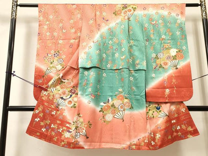 平和屋着物[]七五三　女の子　７歳　祝着　四つ身　扇面花蝶文　暈し染め　金彩　逸品　DABA3884ma