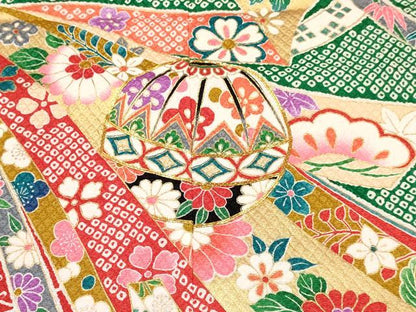 平和屋着物[]七五三　女の子　７歳　祝着　四つ身　駒刺繍　束ね熨斗鞠花文　金彩　DABA3878ma