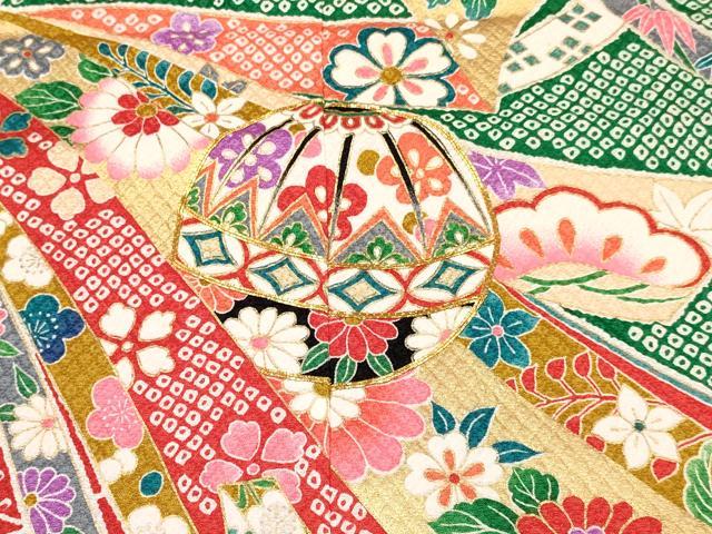 平和屋着物[]七五三　女の子　７歳　祝着　四つ身　駒刺繍　束ね熨斗鞠花文　金彩　DABA3878ma