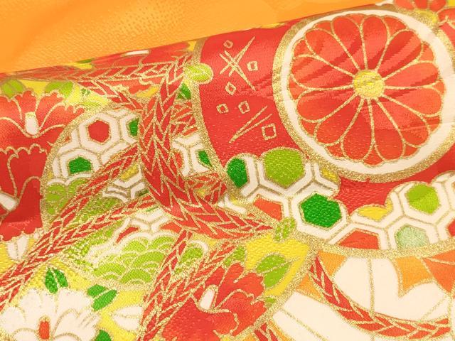 平和屋着物[]七五三　女の子　７歳　祝着　四つ身　駒刺繍　片輪車鼓花文　金彩　DABA3882ma