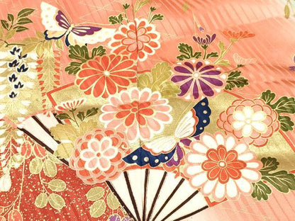 平和屋着物[]七五三　女の子　７歳　祝着　四つ身　扇面花蝶文　暈し染め　金彩　逸品　DABA3884ma