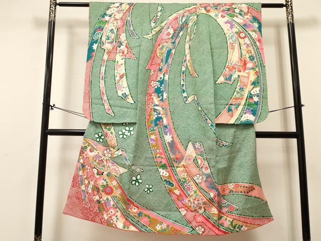 平和屋着物[]七五三　女の子　７歳　祝着　四つ身　駒刺繍　束ね熨斗鞠花文　金彩　DABA3878ma