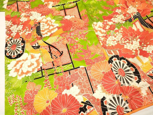 平和屋着物[]七五三　女の子　７歳　祝着　四つ身　御所車花文　金彩　逸品　DABA3883ma