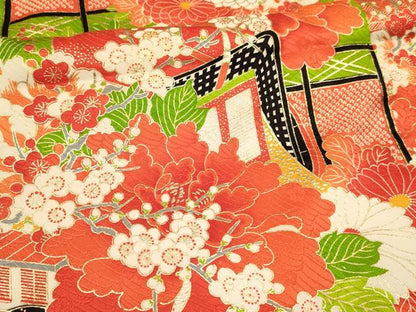 平和屋着物[]七五三　女の子　７歳　祝着　四つ身　御所車花文　金彩　逸品　DABA3883ma