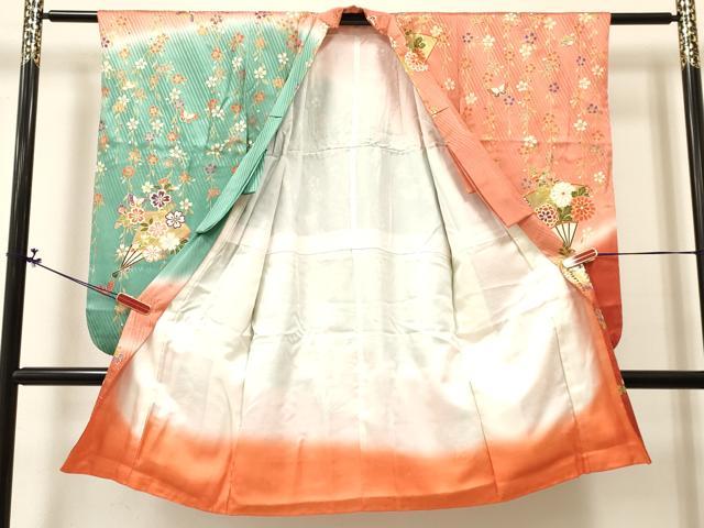 平和屋着物[]七五三　女の子　７歳　祝着　四つ身　扇面花蝶文　暈し染め　金彩　逸品　DABA3884ma