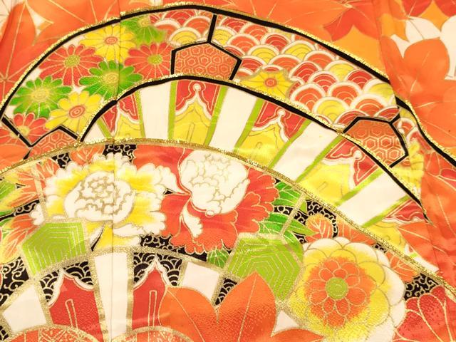 平和屋着物[]七五三　女の子　７歳　祝着　四つ身　駒刺繍　片輪車鼓花文　金彩　DABA3882ma