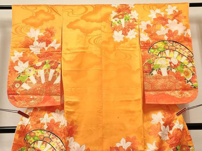 平和屋着物[]七五三　女の子　７歳　祝着　四つ身　駒刺繍　片輪車鼓花文　金彩　DABA3882ma