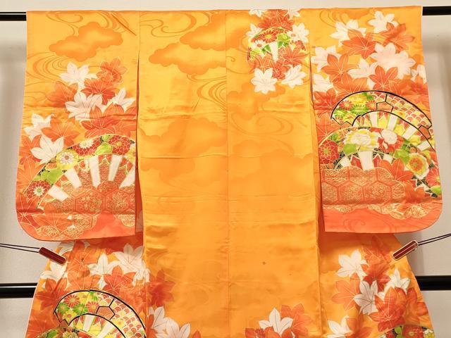 平和屋着物[]七五三　女の子　７歳　祝着　四つ身　駒刺繍　片輪車鼓花文　金彩　DABA3882ma