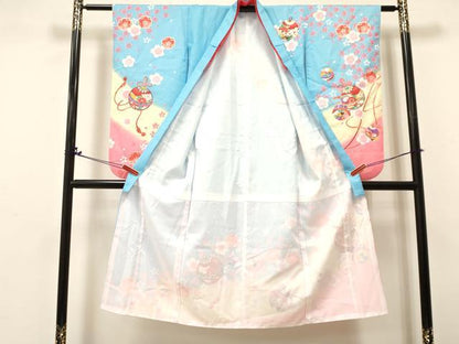 平和屋着物[]七五三　女の子　７歳　祝着　四つ身　鈴花文　暈し染め　金彩　DABA3879ma