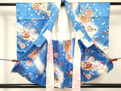 平和屋着物[]七五三　女の子　３歳　祝着　三つ身　鈴　独楽　コマ　暈し染め　金彩　逸品　DABA3892ma