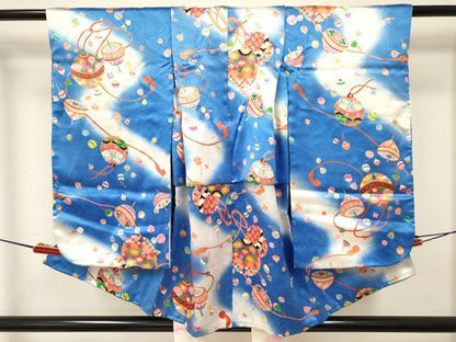 平和屋着物[]七五三　女の子　３歳　祝着　三つ身　鈴　独楽　コマ　暈し染め　金彩　逸品　DABA3892ma
