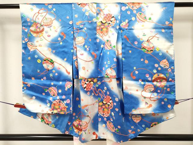 平和屋着物[]七五三　女の子　３歳　祝着　三つ身　鈴　独楽　コマ　暈し染め　金彩　逸品　DABA3892ma